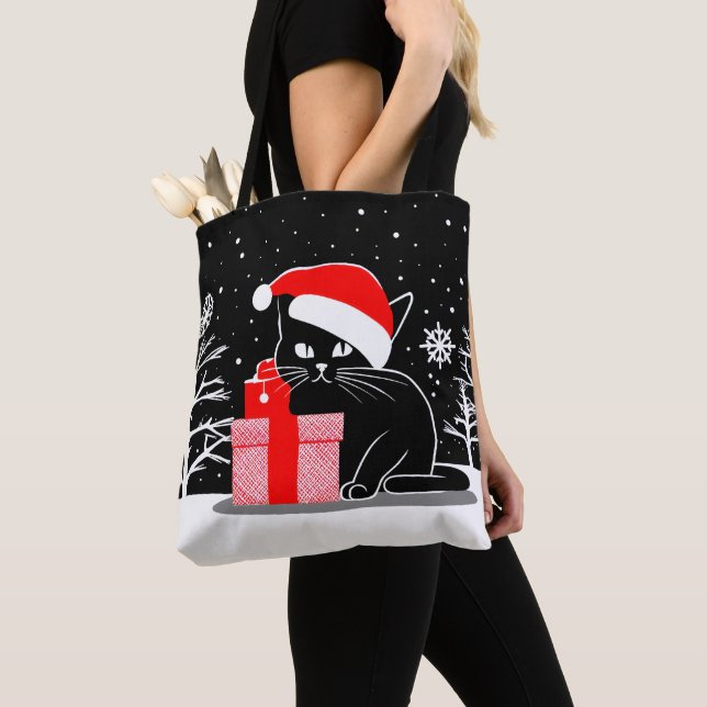 Black Christmas Cat Tote Bag (Close Up)