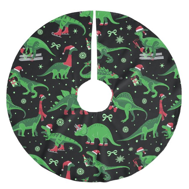 black christmas dinosaurs stegosaurus triceratops  brushed polyester tree skirt (Front)