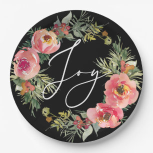 Black Christmas. Elegant Joy Script Floral Holiday Paper Plate