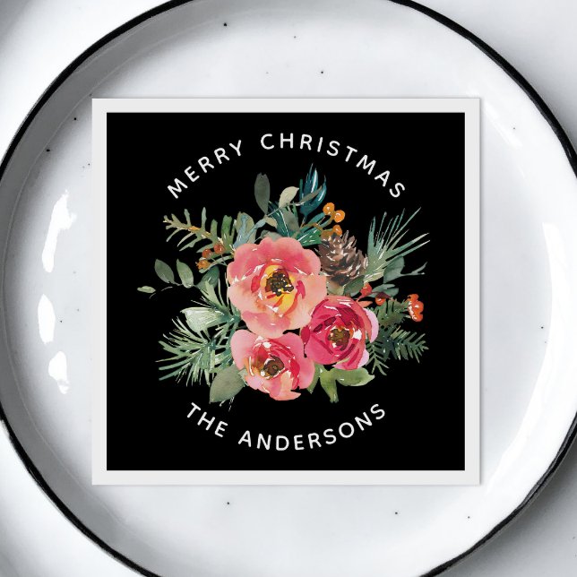 Black Christmas Floral & Pine. Dark Festive Winter Napkin (Creator Uploaded)