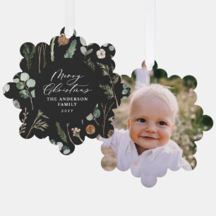 black Christmas minimal botanical photo Tree Decoration Card