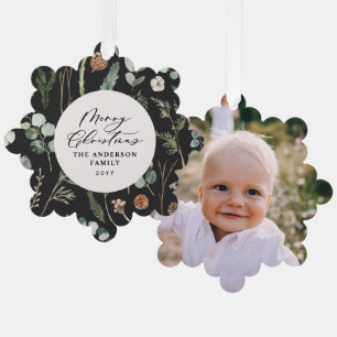 black Christmas minimal botanical photo Tree Decoration Card
