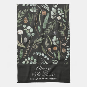 black Christmas minimal botanical Tea Towel