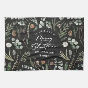 black Christmas minimal elegant botanical Tea Towel