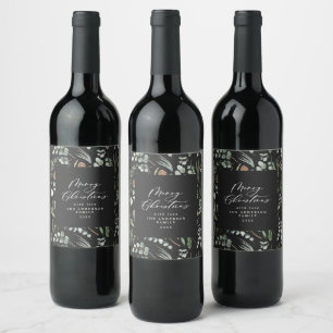 Black Christmas minimal elegant botanical Wine Label