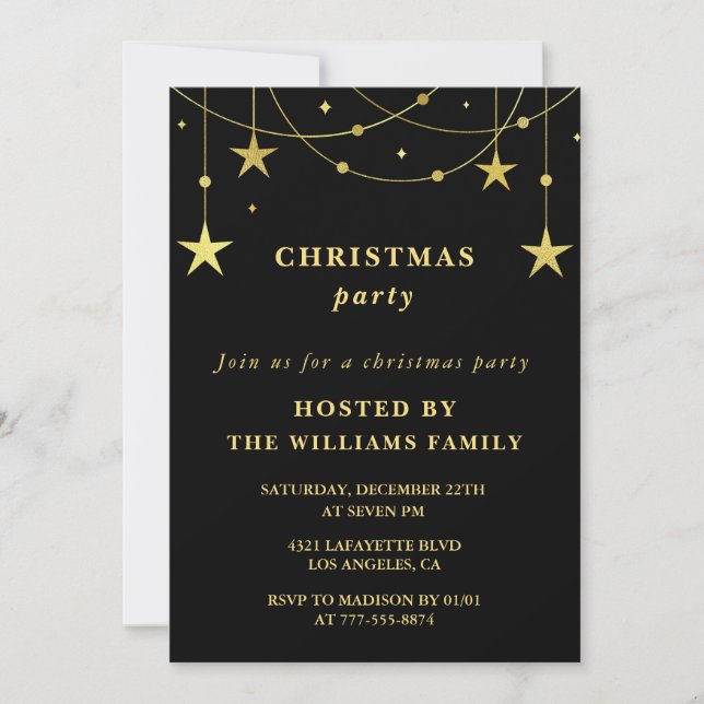 Black Christmas Party  Party Gold Stars Invitation (Front)