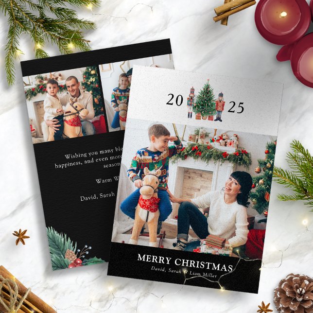 Black Christmas Photo Collage Holiday Card (2025 Nutcracker Black Holiday Photo Collage Christmas Card by Painted Paperie
)