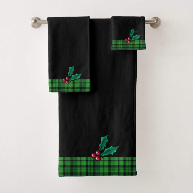 Black Christmas Plaid and Holly Towel Set (Insitu)