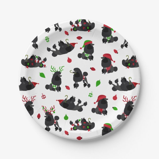 Black Christmas Poodles White Paper Plate (Front)