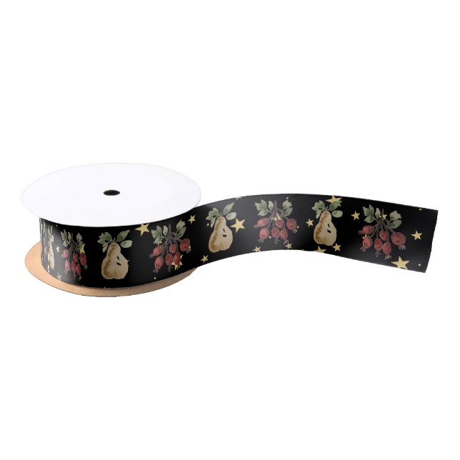 Black Christmas Ribbon Watercolor Fruit Gold Star Satin Ribbon (Spool)