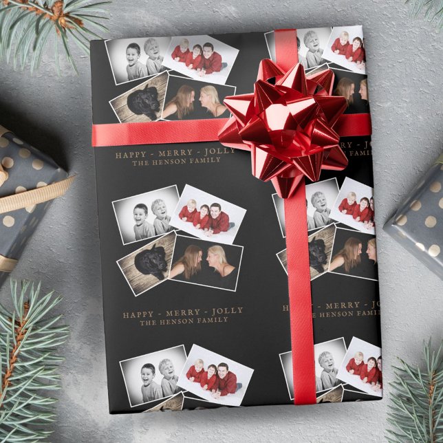 Black Christmas Script Family Photo Collage Wrapping Paper (Creator Uploaded)