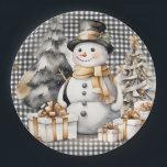 Black christmas snowman winter design paper plate<br><div class="desc">Sweet smiling snowman and Christmas tree.</div>