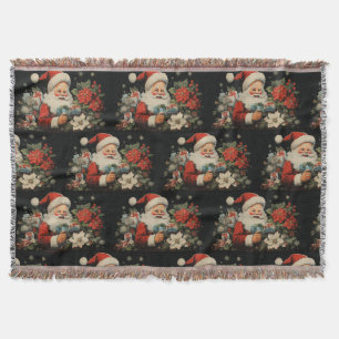 Black Christmas St. Nicholas Santa Poinsettia Throw Blanket