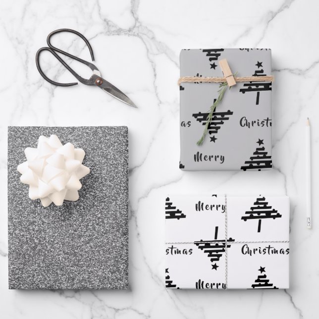 Black Christmas Tree Faux Silver Glitter Holiday Wrapping Paper Sheet (Front)