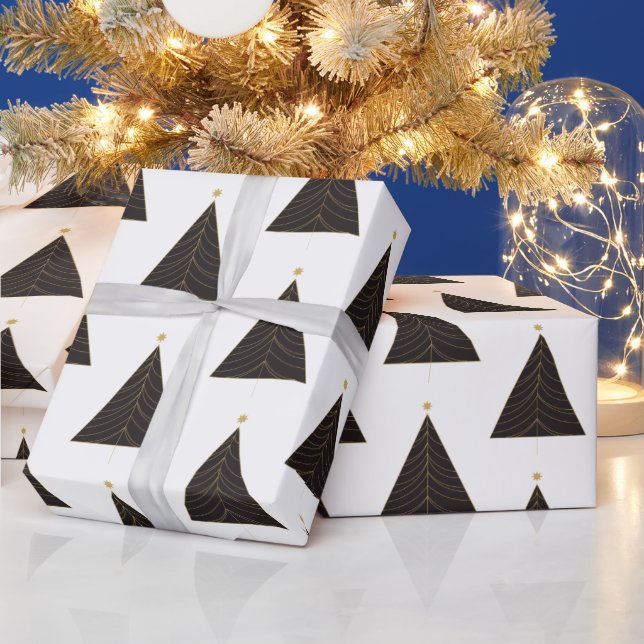 Black Christmas Tree, Gold "String of Lights" Wrapping Paper (Holidays)