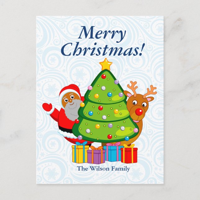 Black Christmas tree with Santa Claus & Rudolph, Holiday Postcard (Front)