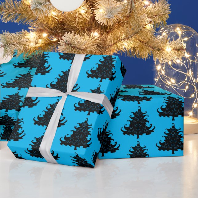 Black Christmas Trees Pattern Blue Wrapping Paper (Holidays)