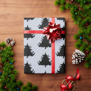 Black Christmas Trees Pattern Grey Wrapping Paper