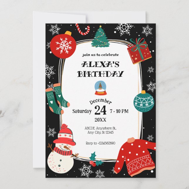 Black christmas wonderland birthday party invitation (Front)