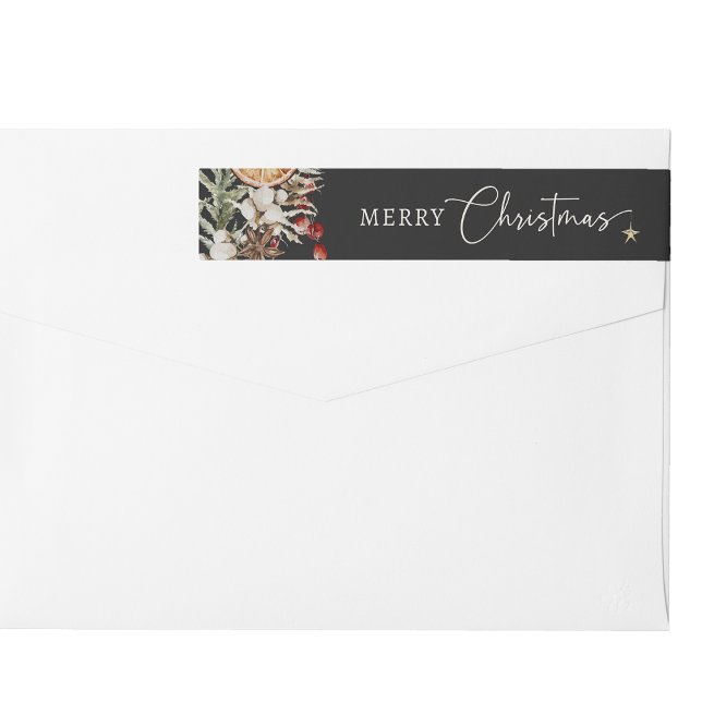Black Christmas Wrap Around Label (Black Boho Botanical Merry Christmas Wrap Around Label
)