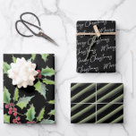 Black Christmas Wrapping Paper Unique Watercolor<br><div class="desc">This black Christmas wrapping paper features watercolor red berries and greenery, green and white stripes and "Merry Christmas" pattern. Each sheet is a trendy yet cute choice for your Christmas gift giving needs. To see more designs like this visit www.zazzle.com/dotellabelle Unique watercolor art and design by Victoria Grigaliunas of Do...</div>
