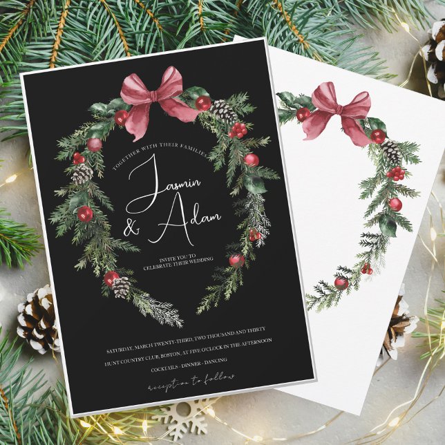 Black Christmas Wreath Red Winter Festive Wedding Invitation (Creator Uploaded)