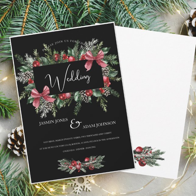 Black Christmas Wreath Red Winter Festive Wedding Invitation (Creator Uploaded)
