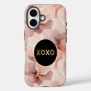 Black Circle Blush Pink Floral Gold Glitter XOXO iPhone 16 Case