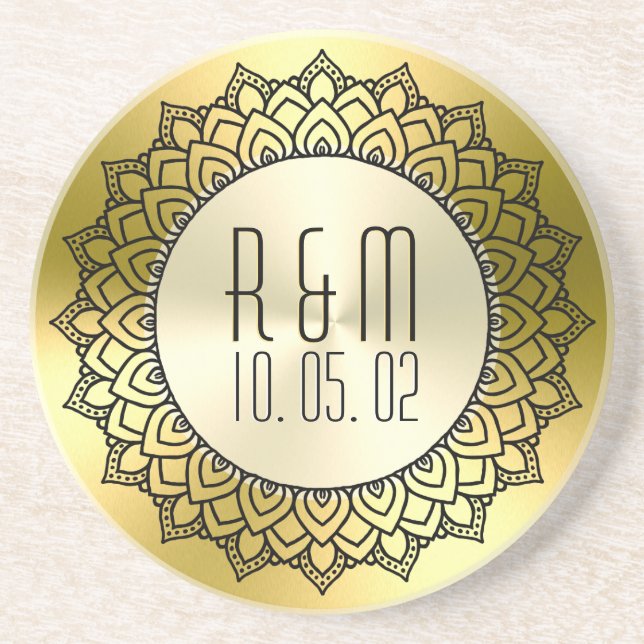 Black Circle Mandala & Metallic Gold Coaster (Front)