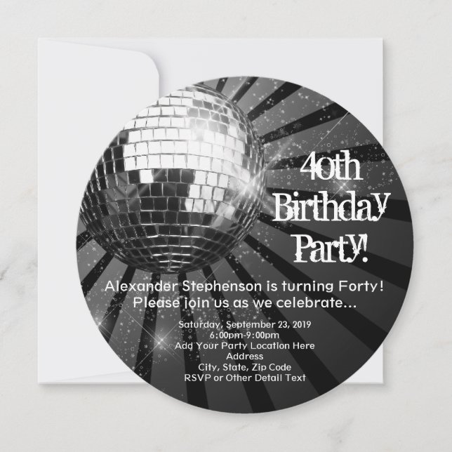 Black Circle Round Disco Ball 40th Birthday Party Invitation (Front)