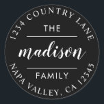 Black Circle Script Create Your Own Return Address Classic Round Sticker<br><div class="desc">CHANGEABLE BACKGROUND COLOR. Create Your Own Return Address Sticker.</div>