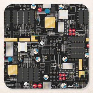 Black circuit board square paper coaster