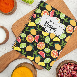 Black Citrus Lemon Orange Pattern Family Recipes Notebook