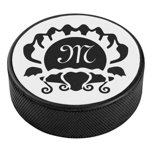 Black Clam Silhouette Monogram Hockey Puck (3/4)