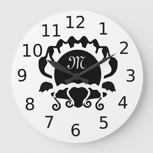 Black Clam Silhouette Monogram Large Clock (Front)