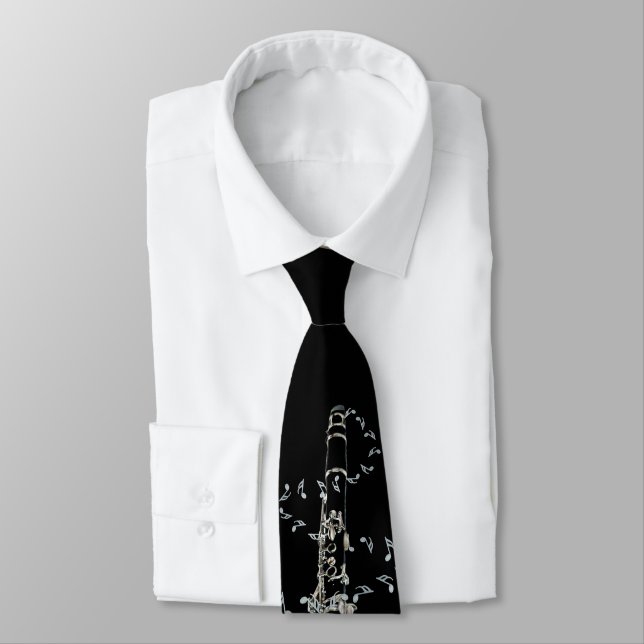 Black Clarinet and Silver Music Notes Tie (Tied)