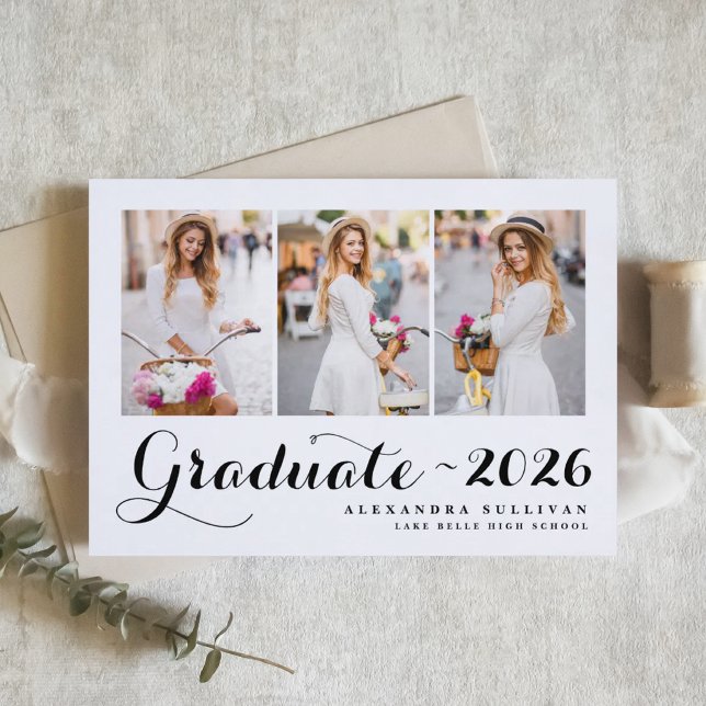 Black Class of 2024 Photo Collage Graduation Invitation (Customizable photo collage graduation invitation featuring modern calligraphy. )