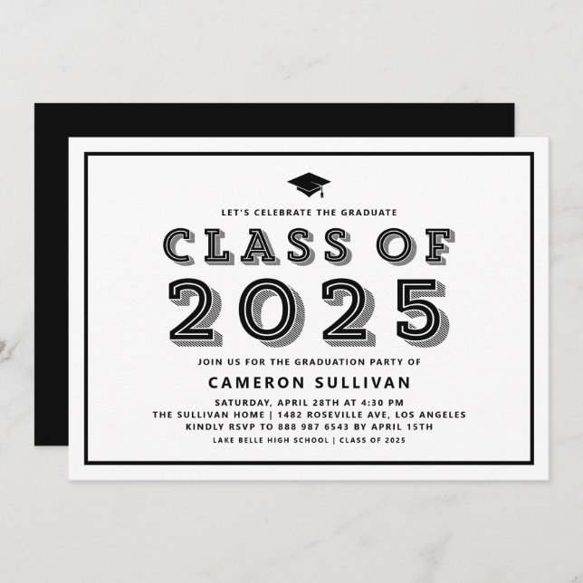 Black Class of 2025 Cap Retro Graduation Invitation (Front/Back)