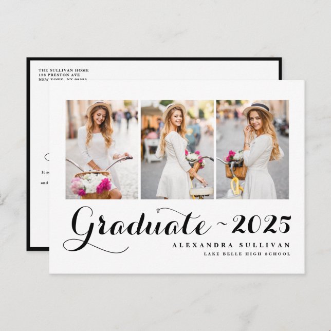 Black Class of 2025 Photo Collage Graduation   Announcement Postcard (Front/Back)