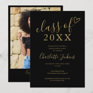 Black Class of Script Heart Photo Graduation Party Invitation