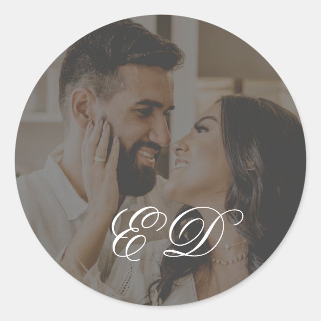 Black Classic Calligraphy Monogram Photo Overlay Classic Round Sticker (Front)