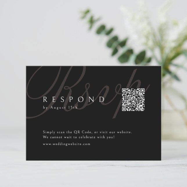Black Classic Elegant Calligraphy Wedding QR code  RSVP Card (Standing Front)