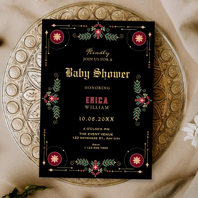 Black classic floral baby shower invitation (Creator Uploaded)