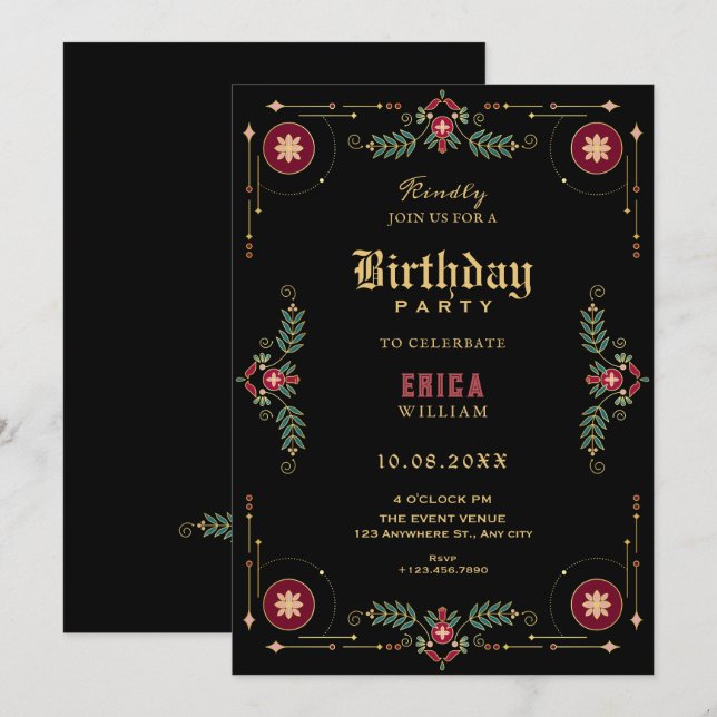 Black classic floral birthday invitation (Front/Back)