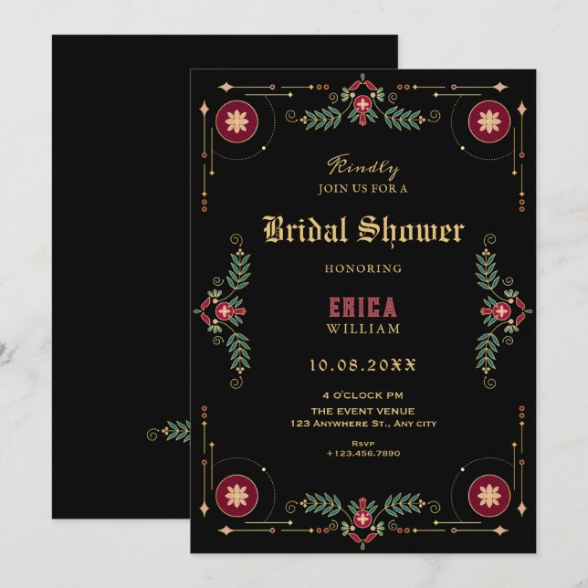 Black classic floral bridal shower invitation (Front/Back)