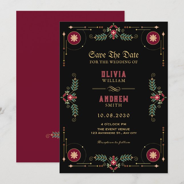 Black classic floral wedding  invitation (Front/Back)