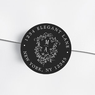Black Classic French Floral Crest Return Address  Classic Round Sticker