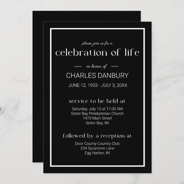 Black Classic Funeral Celebration of Life Invitation (Front/Back)