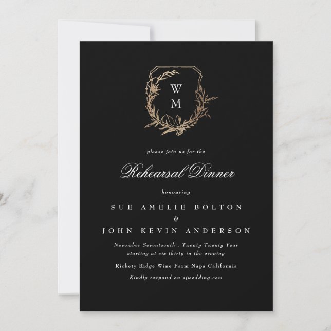 black classic monogram gold crest rehearsal dinner invitation (Front)