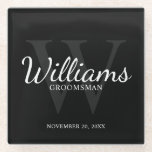 Black Classic Script Personalised Groomsmen Glass Coaster<br><div class="desc">Add a personal touch to your wedding with personalised groomsmen glass coaster. This coaster features personalised groomsman's name in white classic script font style with wedding details in white classic serif font style and monogram in grey classic serif font style as background, on black background. Also perfect for best man,...</div>